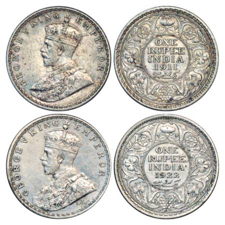 George V, Silver Rupee (2), 1911 and 1922, Bombay Mint, PR 217 and 218, (2 Coins) Very Fin