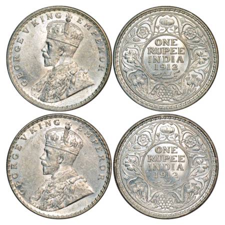 George V, Silver Rupee (2), 1912, 1 x Calcutta Mint, PR 208 and 1 x Bombay Mint PR 218. (2