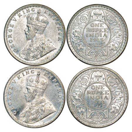 George V, Silver Rupee (2), Bombay Mint, 1913 and 1918, PR 219 and 224.(2 Coins) Mint Stat