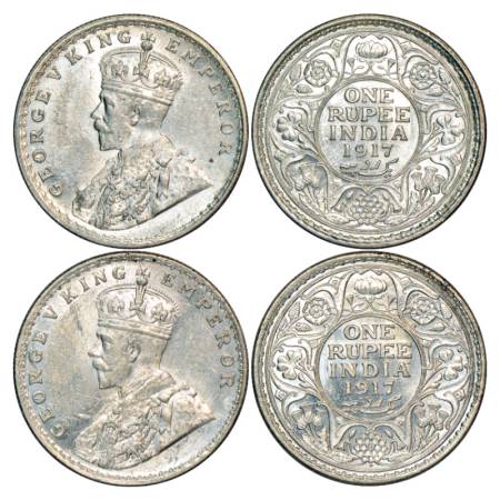George V, Silver Rupee (2), 1917, 1 x Calcutta Mint, PR 213 and 1 x Bombay Mint, PR 223. (
