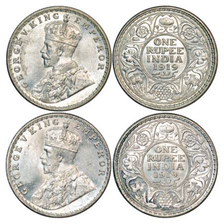 George V, Silver Rupee (2), 1919, 1 x Calcutta Mint, PR 215 and 1 x Bombay Mint, PR 225. (