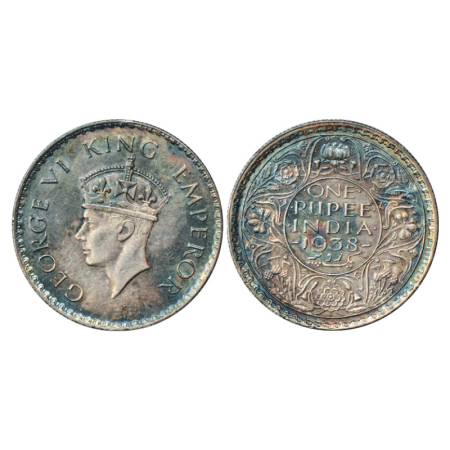 George VI, Silver Rupee, 1938, Bombay Mint, dot, PR 234. Extremely Fine with Rainbow tonin