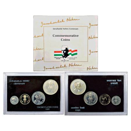 1989, Jawaharlal Nehru Birth Centenary, UNC set of 4 Coins, 100 Rupees, 20 Rupees, 5 Rupee