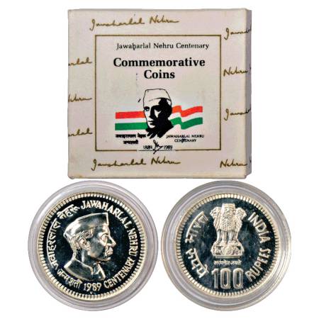 1989, Jawaharlal Nehru Birth Centenary, UNC set of 1 Coin, 100 Rupees, Bombay Mint, RB 140