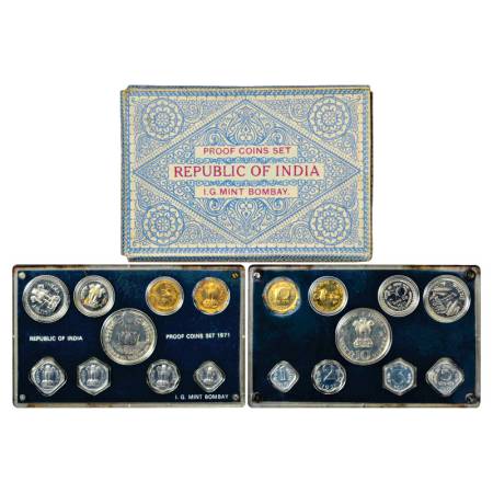 1971, Food for All, Proof set of 9 Coins, 10 Rupees, 1 Rupees, 50 Paise, 20 Paise, 10 Pais