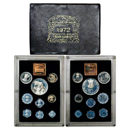 1972, 25th Anniversary of Independence, Proof set of 9 Coins, 10 Rupees, 1 Rupee, 50 Paise