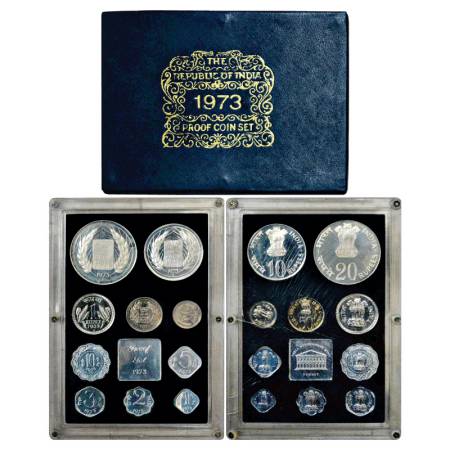 1973, Grow More Food, Proof set of 10 Coins, 20 Rupees, 10 Rupees, 1 Rupee, 50 Paise, 25 P