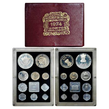 1974, Planned Families, Food For All, Proof set of 10 Coins, 50 Rupees, 10 Rupees, 1 Rupee