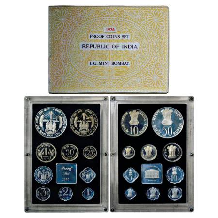 1976, Food & Work For All, Proof set of 10 Coins, 50 Rupees, 10 Rupees, 1 Rupee, 50 Paise,