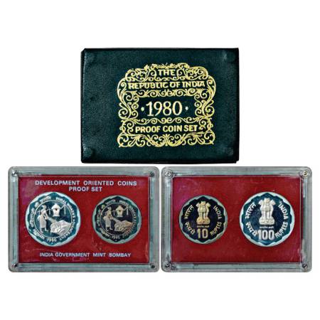 1980, Rural Women's Advancement, Proof set of 2 Coins, 100 Rupees and 10 Rupees, Bombay Mi