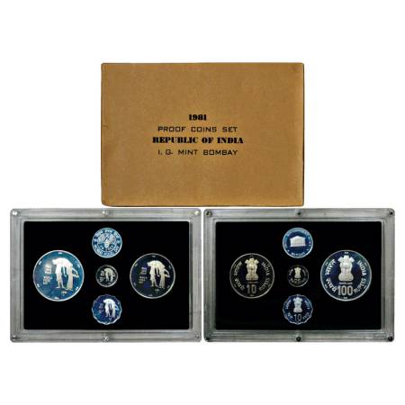 1981, World Food Day, Proof set of 4 Coins, 100 Rupees, 10 Rupees, 25 Paise and 10 Paise, 