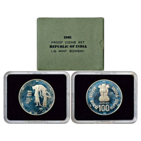 1981, World Food Day, Proof set of 1 Coin, 100 Rupees, Bombay Mint, RB 85, in original min
