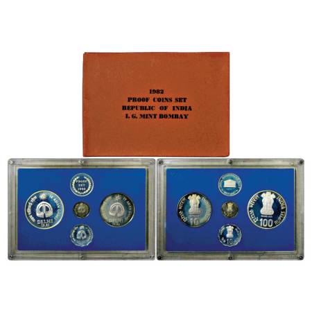 1982, IX Asian Games, Proof set of 4 Coins, 100 Rupees, 10 Rupees, 25 Paise and 10 Paise, 