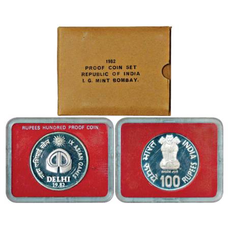 1982, IX Asian Games, Proof set of 1 Coin, 100 Rupees, Bombay Mint, RB 93, in original min