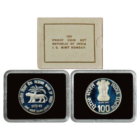 1985, Reserve Bank of India, Golden Jubilee, Proof set of 1 Coin, 100 Rupees, Bombay Mint,