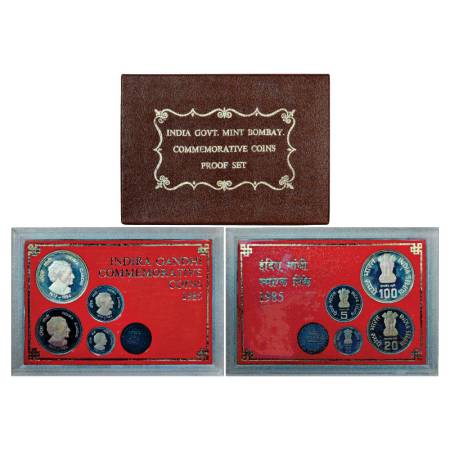 1985, Indira Gandhi, Proof set of 4 Coins, 100 Rupees, 20 Rupees, 5 Rupees and 50 Paise, B