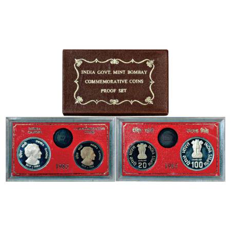 1985, Indira Gandhi, Proof set of 2 Coins, 100 Rupees and 20 Rupees, Bombay Mint, RB 111, 