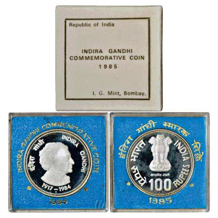 1985, Indira Gandhi, Proof set of 1 Coin, 100 Rupees, Bombay Mint, RB 112, without detail 