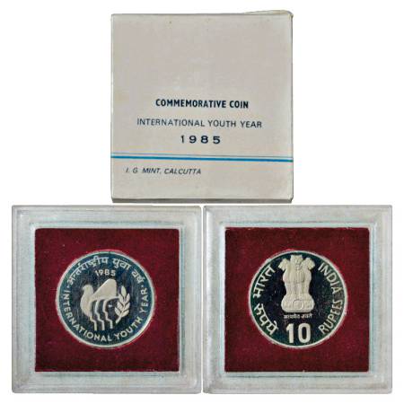 1985, International Youth Year, Proof set of 1 Coin, 10 Rupees, Calcutta Mint, RB 118, in 