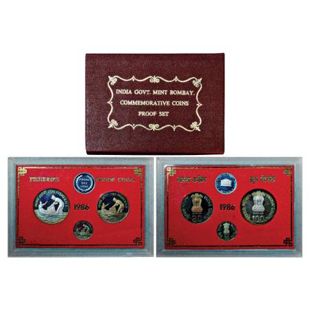 1986, Fisheries, Proof set of 3 Coins, 100 Rupees, 20 Rupees and 50 Paise, Bombay Mint, RB
