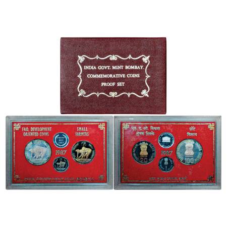1987, Small Farmers, Proof set of 3 Coins, 100 Rupees, 20 Rupees and 1 Rupee, Bombay Mint,