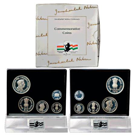1989, Jawaharlal Nehru Birth Centenary, Proof set of 4 Coins in acrylic stand, 100 Rupees,