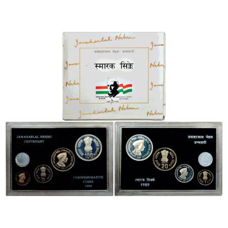 1989, Jawaharlal Nehru Birth Centenary, Proof set of 4 Coins, 100 Rupees, 20 Rupees, 5 Rup