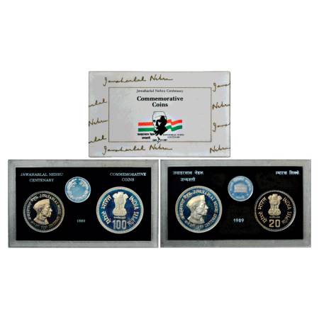 1989, Jawaharlal Nehru Birth Centenary, Proof set of 2 Coins, 100 Rupees and 20 Rupees, Bo