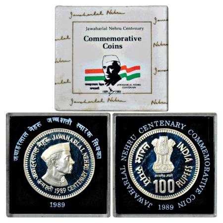 1989, Jawaharlal Nehru Birth Centenary, Proof set of 1 Coin, 100 Rupees, Bombay Mint, RB 1