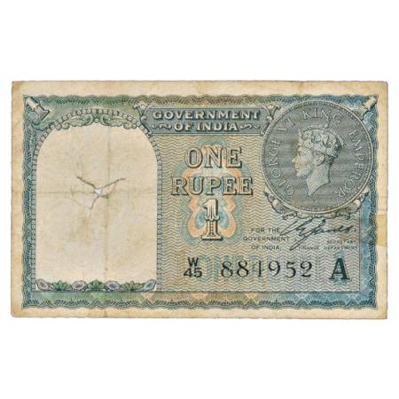 British India, George VI, 1 Rupee, 1940, signed by C. E. Jones, Serial No.: W45 884952 in 