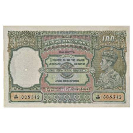 British India, George VI, 100 Rupees, ND (1938), Calcutta Circle, signed by C. D. Deshmukh