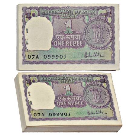 Republic of India, full packet of 100 Notes, 1 Rupee, signed by R. N. Malhotra, year 1980,