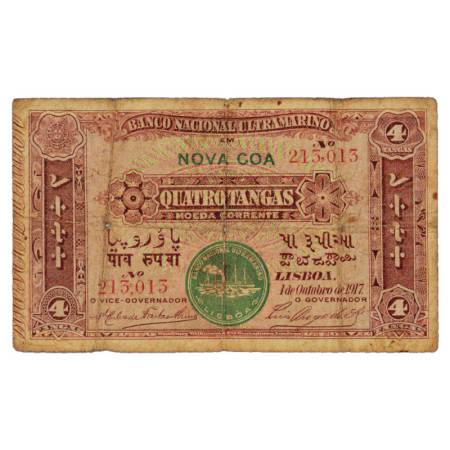Indo-Portuguese Territories, 4 Tangas, dated 1st October 1917, signed by Luis Diogo Da Sil