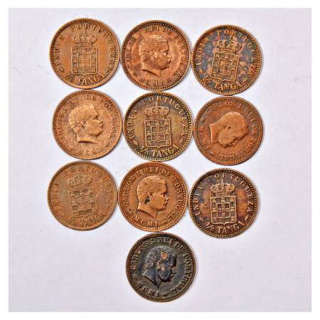 A group of 10 Portuguese India Copper coins, 1/8 Tanga, Roman numerical dating type. (10 C
