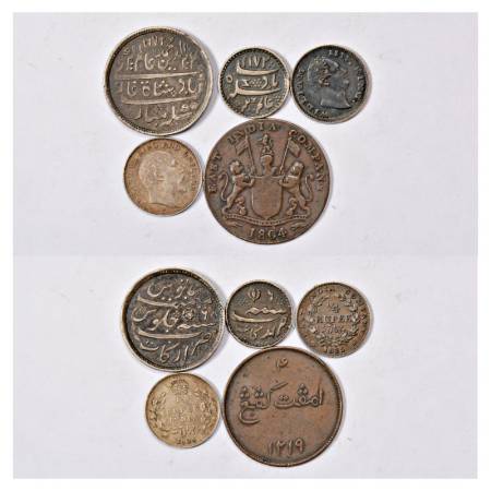 A group of 5 Silver and Copper coins, 4x Silver includes 2x Presidency Rupee, ¼ Rupee, 2x 
