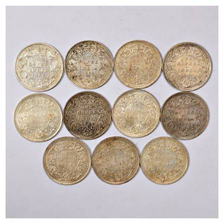 A group of 11 British India Silver Rupee, Victoria Queen, 1862, various dot varieties. (11