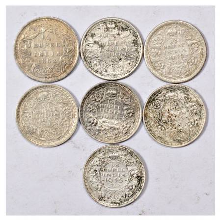 A group of 7 British India Silver & Half Silver ¼ Rupee, 1x Victoria Queen and 6x George V