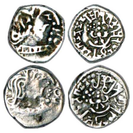 Gupta Empire, Two Silver Drachms of Skanda Gupta (c. 450-480 AD), Western Indian 'Garuda' 