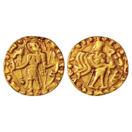 Samatata region, Anonymous Gold Dinar copying Gupta coin designs, early variety with lette