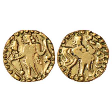 Samatata region, Anonymous Gold Dinar copying Gupta coin designs, early variety with lette
