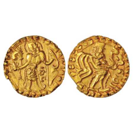 Samatata region, Anonymous Gold Dinar copying Gupta coin designs, early variety with lette