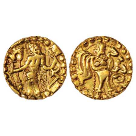 Samatata region, Anonymous Gold Dinar copying Gupta coin designs, early variety with lette