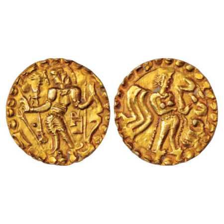 Samatata region, Anonymous Gold Dinar copying Gupta coin designs, early variety with lette