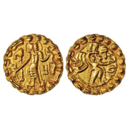 Samatata region, Anonymous Gold Dinar copying Gupta coin designs, early variety with lette