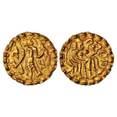 Samatata region, Anonymous Gold Dinar copying Gupta coin designs, early variety with lette