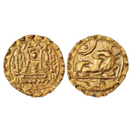 Samatata region, Gold Dinar of 'Ratnattraya' type (c. 700-800 AD), ECB SAM21.1B, 5.53g. Ob
