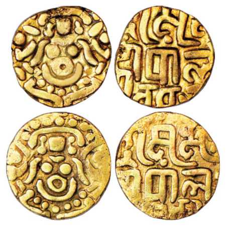 Gahadavalas of Kanauj?, two Base Gold 1 Masha coins of Mahipala Deva (c. 1100 AD), Deyell 