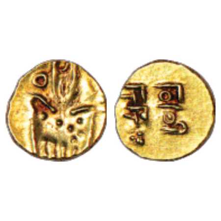 Nayakas of Jinji/Vallore region, Gold Fanam with 'Rama Rau' legend, 0.39g. Obv: 'Kali' des