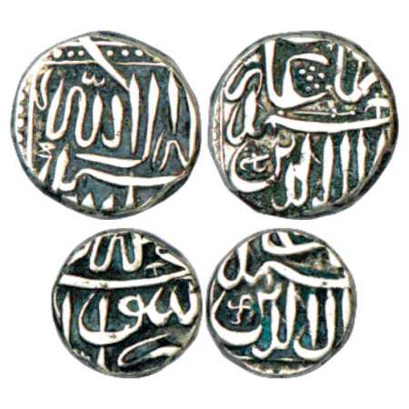 Akbar (1556-1605 AD), Kingdom of Bangala, Silver Mahmudi and ½ Mahmudi', Swastika mintmark