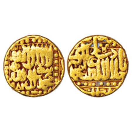 Akbar (1556-1605 AD), Gold Mohur, 10.81g, Patna Mint, AH 984, dotted rectangle border on r